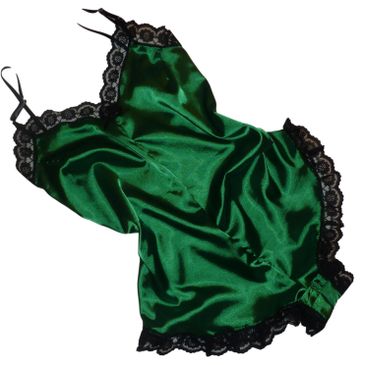 Green satin with black lace camiknickers