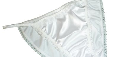 Shiny satin tanga string bikini panties with delicate lace trim and fancy lace elastic on legs. Soft