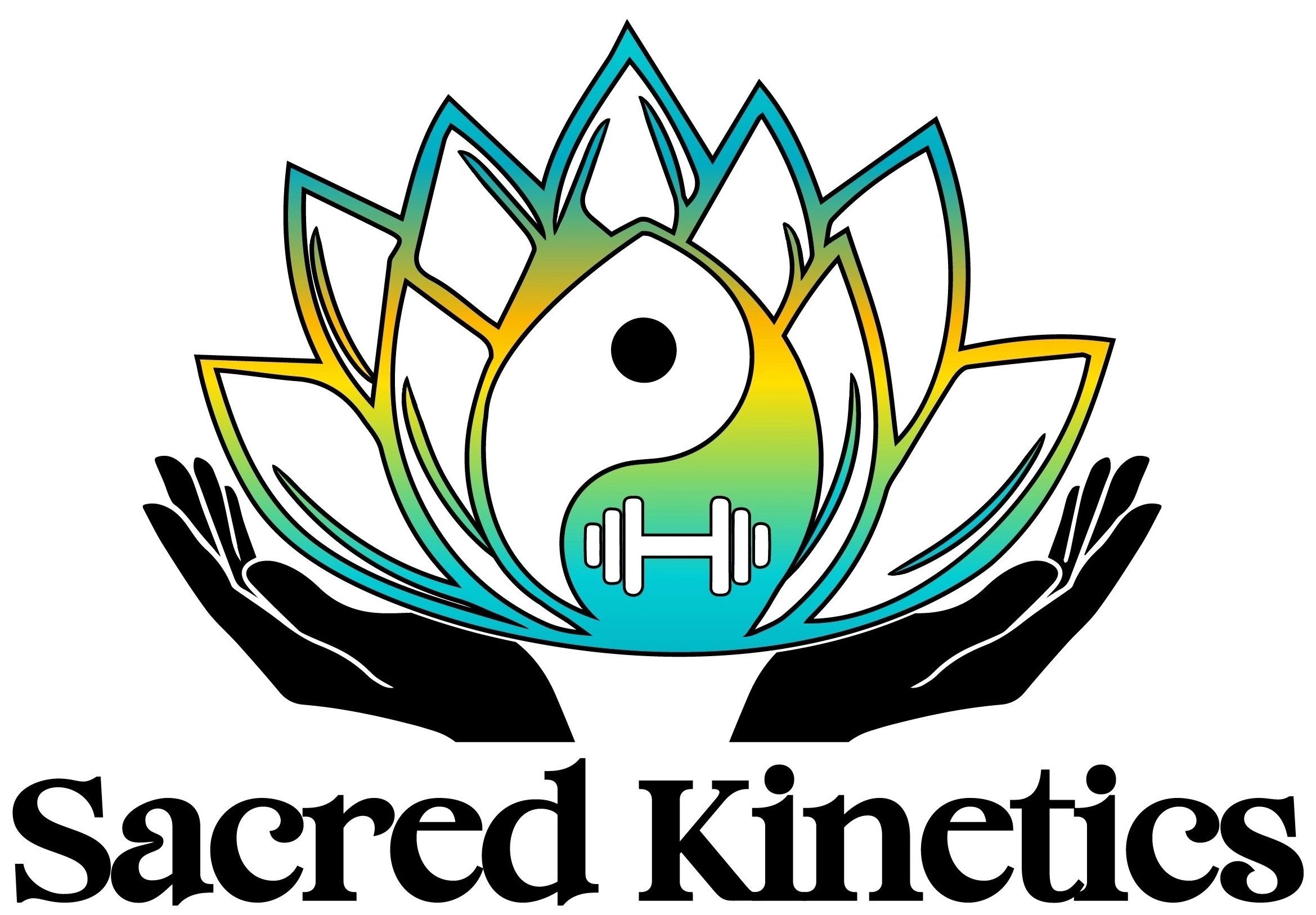 Logo with lotus, yin-yang, dumbbell, and hands for Sacred Kinetics.