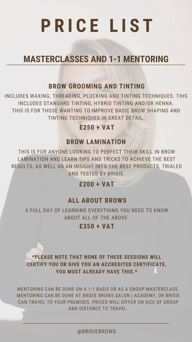 Price list for brow grooming, lamination, and brow masterclasses from Bridie Brows.