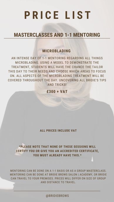 Price list for microblading masterclasses and mentoring.