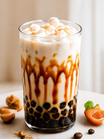Bebida de bubble tea con tapioca y caramelo.