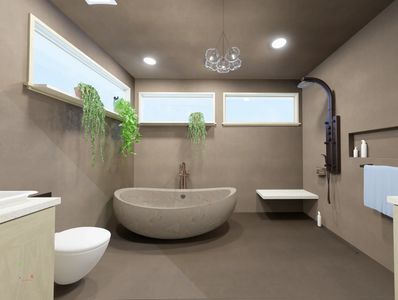 Portland Oregon universal design bathroom with walk-in shower, modern floor/ceiling/wall texture 