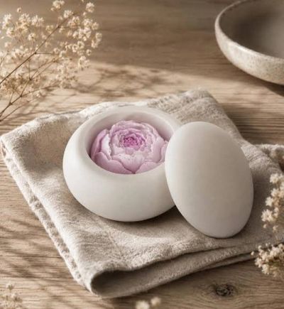 White round container with a pink flower inside.
