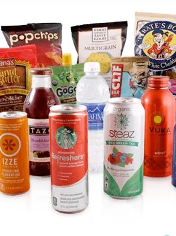 Healthy drink choices, energy drinks, club soda, energy bars, pretzels, and many favorite choices. 