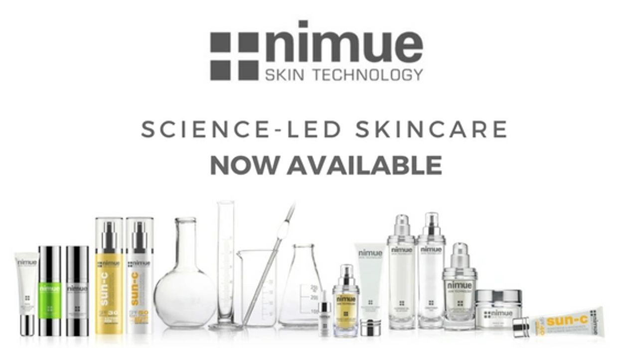 Nimue Skin Technology skincare products displayed alongside scientific type glassware