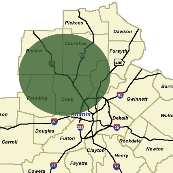 map of georgia, servicing cobb county, bartow county, paulding county, Cherokee county