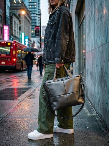 Person holding a large black handbag on a rainy city street.