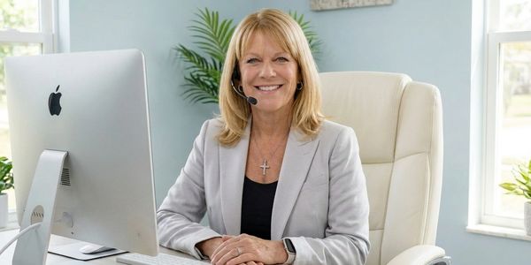 Professional woman wearing headset, sitting at desk with computer and smiling.