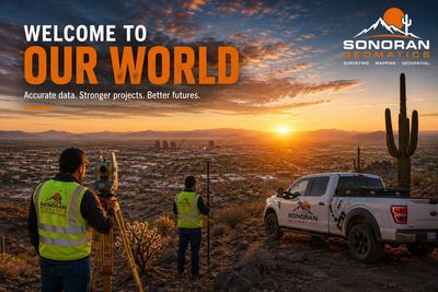 Surveyors with Sonoran Geomatics at sunset overlooking a city with desert landscape.