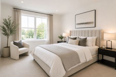 Bright and cozy modern bedroom with neutral tones.