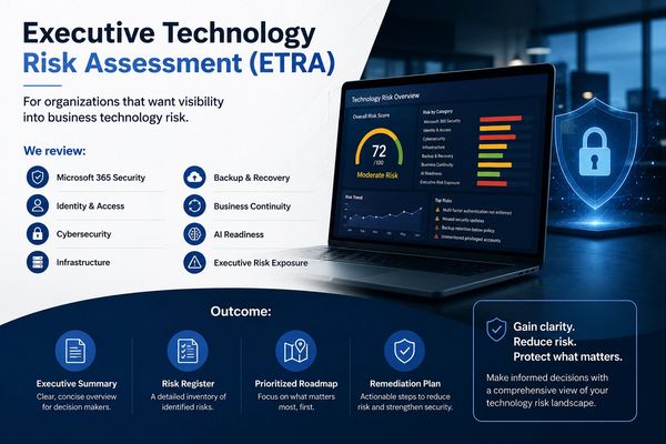 Executive Technology Risk Assessment overview with key focus areas and outcomes shown on a laptop.