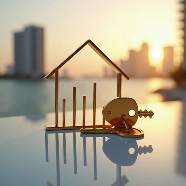 Golden house outline and key symbolizing real estate investment at sunset.