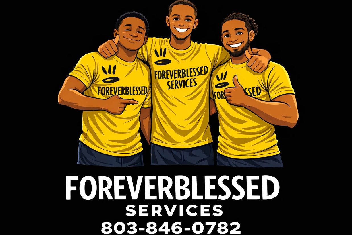 Three smiling men in yellow shirts promoting ForeverBlessed Services.