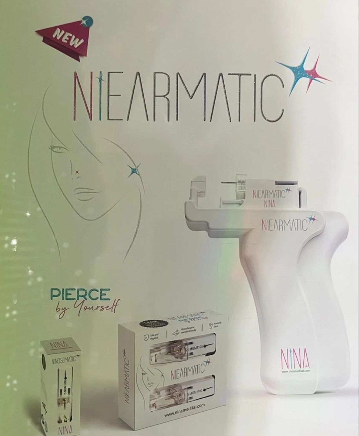 Yeni Nearmatic piercing cihazı ve aksesuarları.