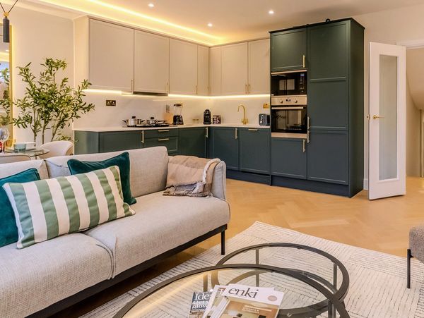 Modern living room with kitchen and stylish furniture.