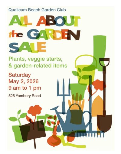 Colorful flyer for Qualicum Beach Garden Club's All About Garden Sale event with gardening tools.