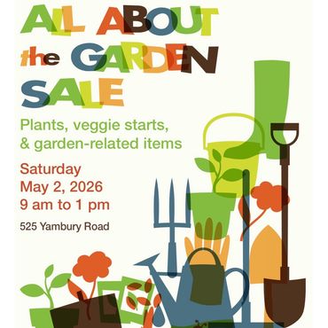 Colorful flyer for a garden sale with plants and tools on May 2, 2026.