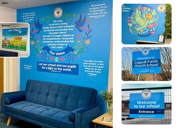 Before and after photo of School wall vinyl install / installation