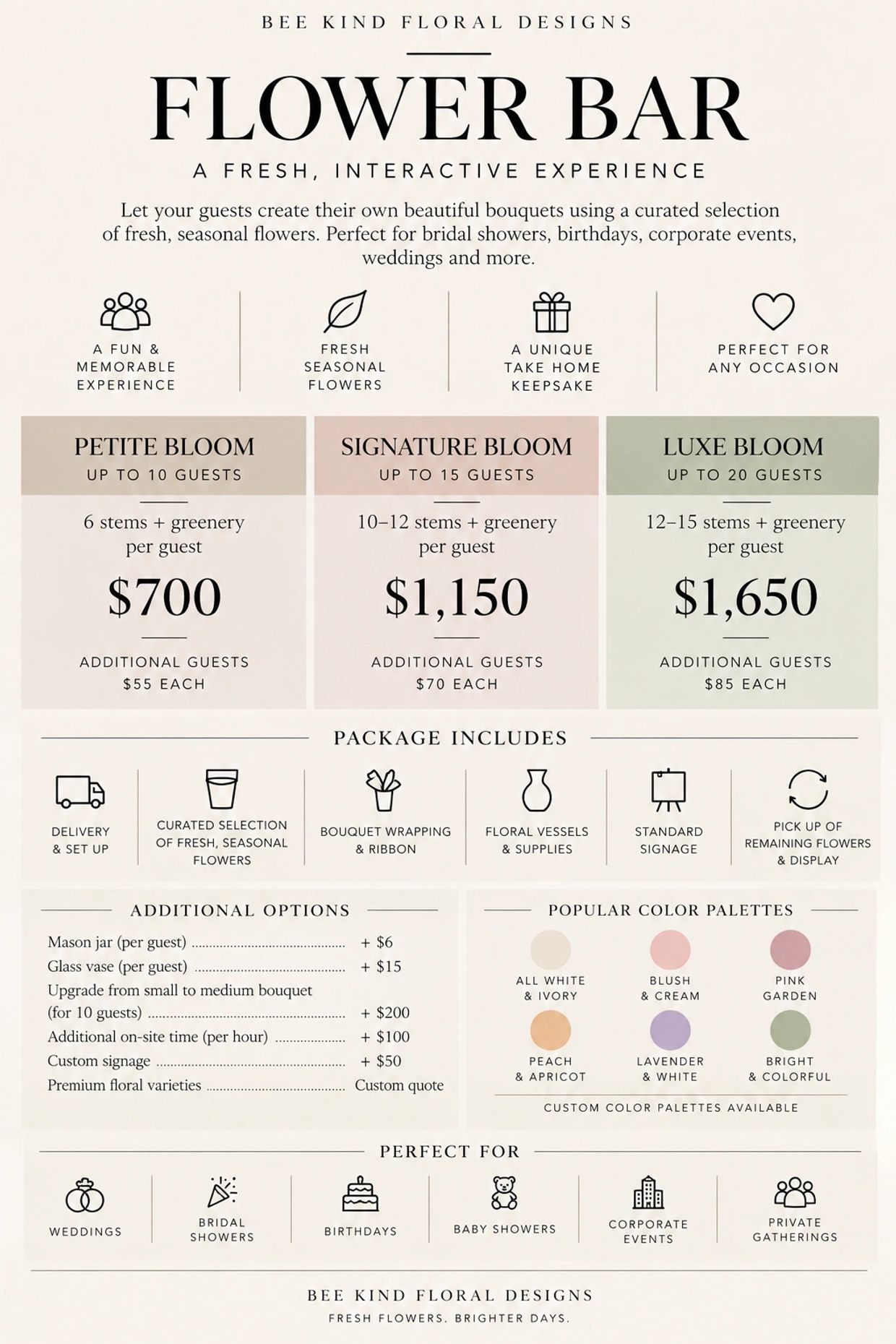 Flower bar pricing and package details for bouquet creations.