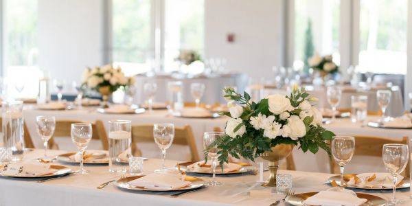 Elegant event tables with white floral centerpieces and glassware.