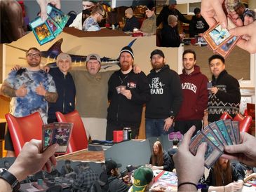 Group of friends enjoying a trading card game session together.