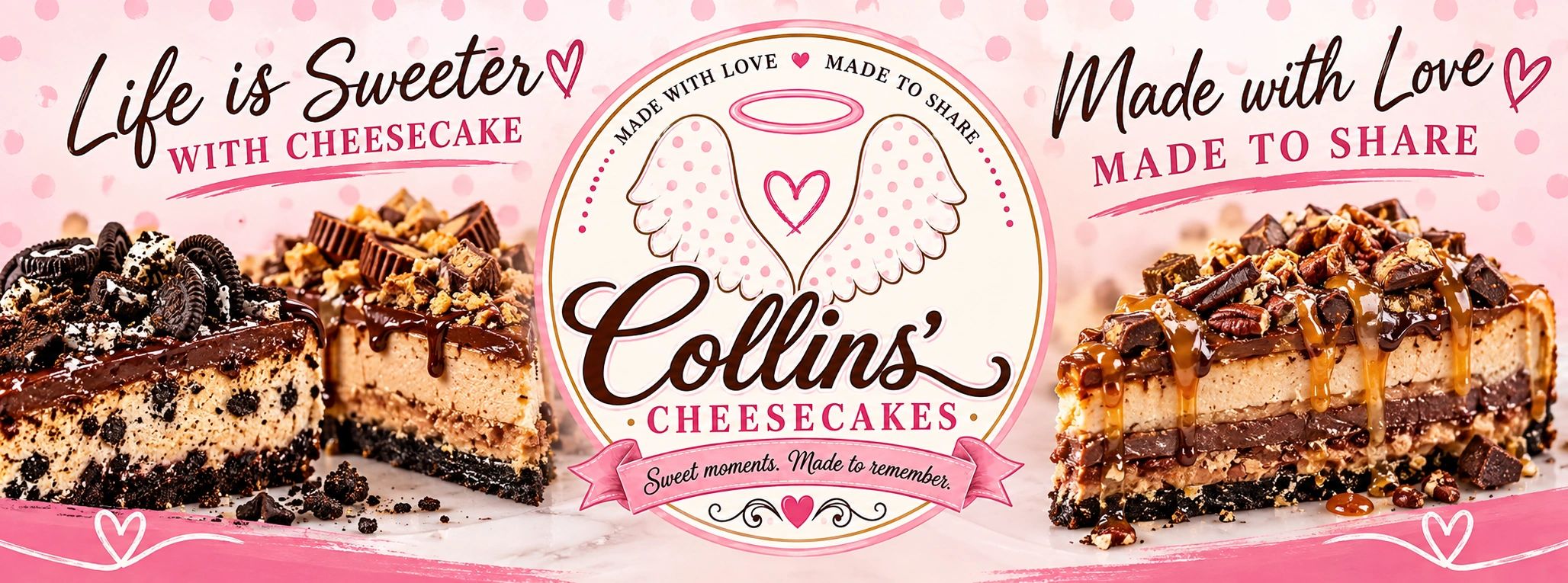 Delicious layered cheesecakes with toppings from Collins' Cheesecakes.
