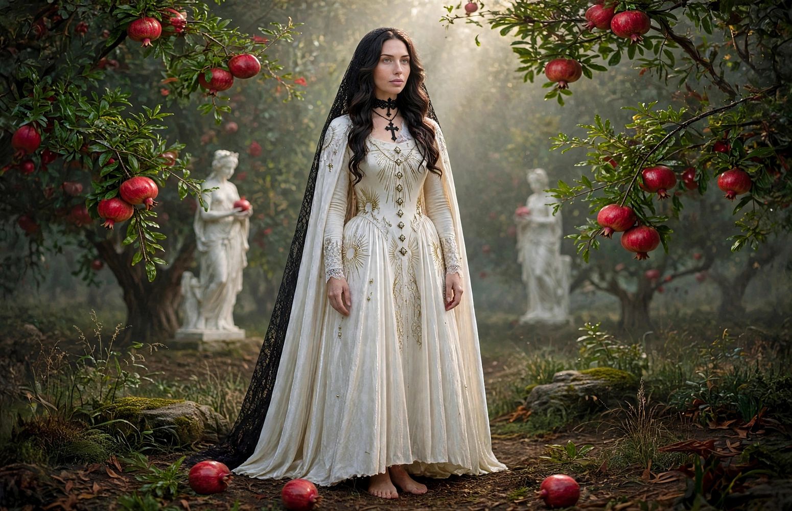 Woman in white dress with black veil in pomegranate orchard.