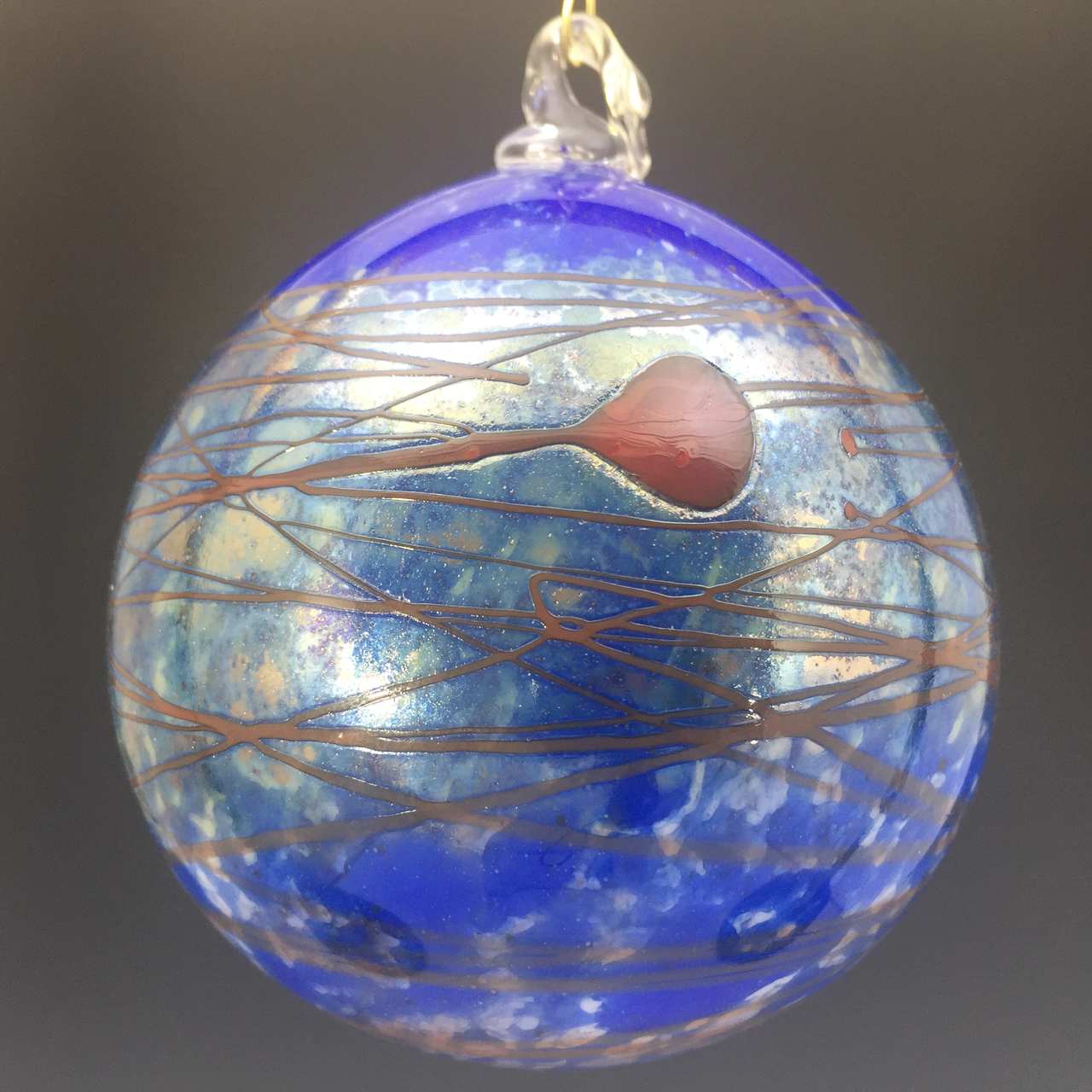 Ball ornament blue with red thread