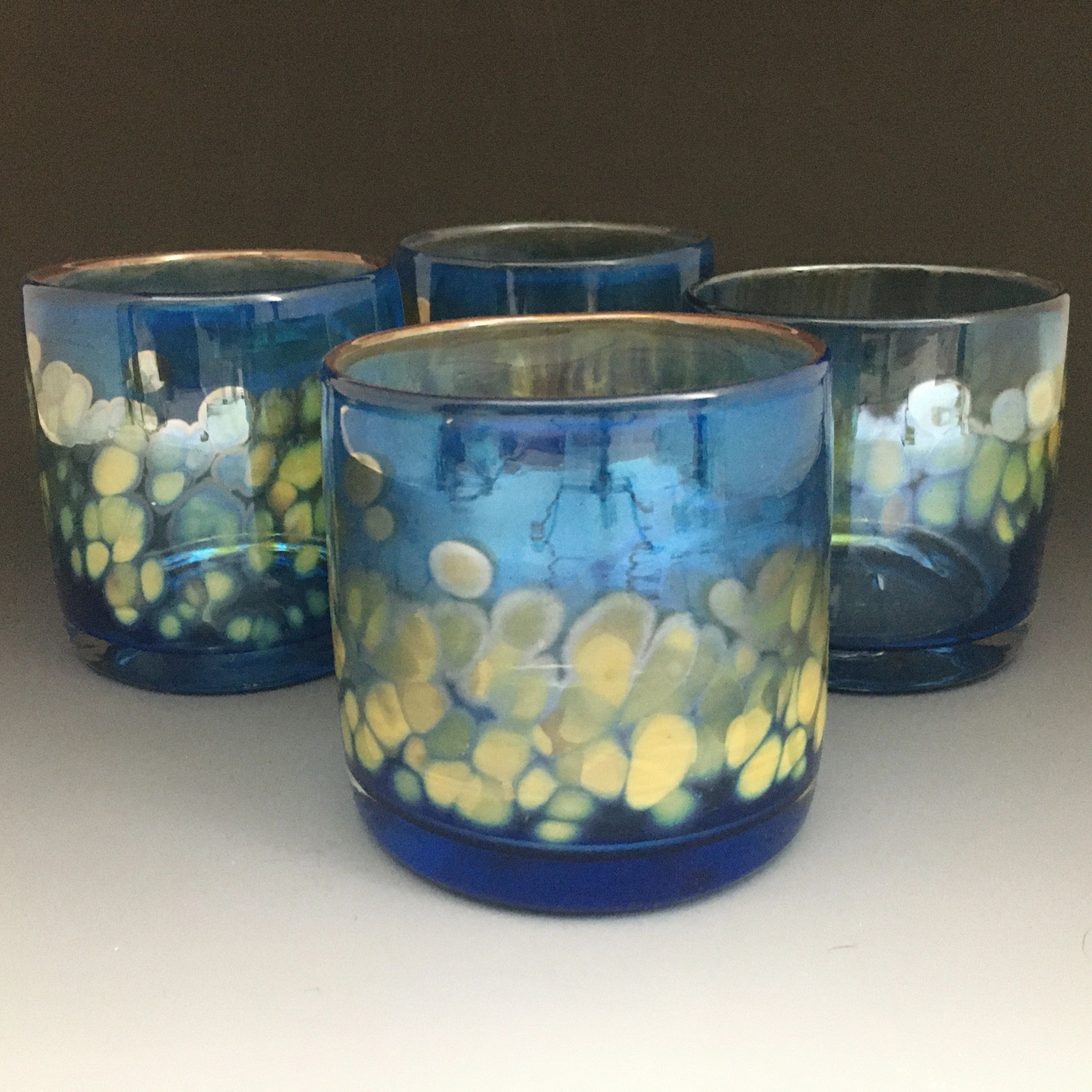 Silver and blue rocks glass hand blown by Alex Kalish