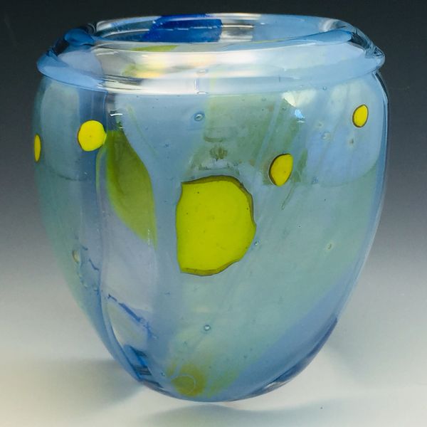 Clear Round Shard Vase with Blue Shards with yellow dots