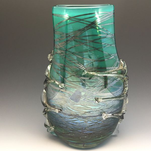 Emerald Strata Vase with Clear glass Blobs in relief. XLG
