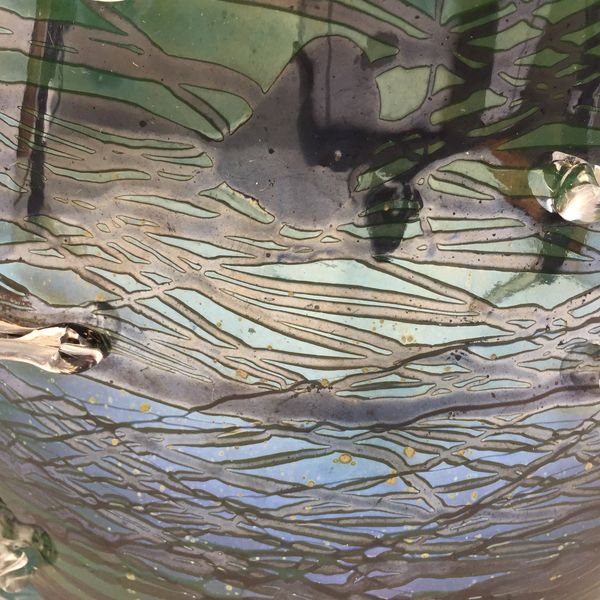 Emerald Strata Vase with Clear glass Blobs in relief closeup