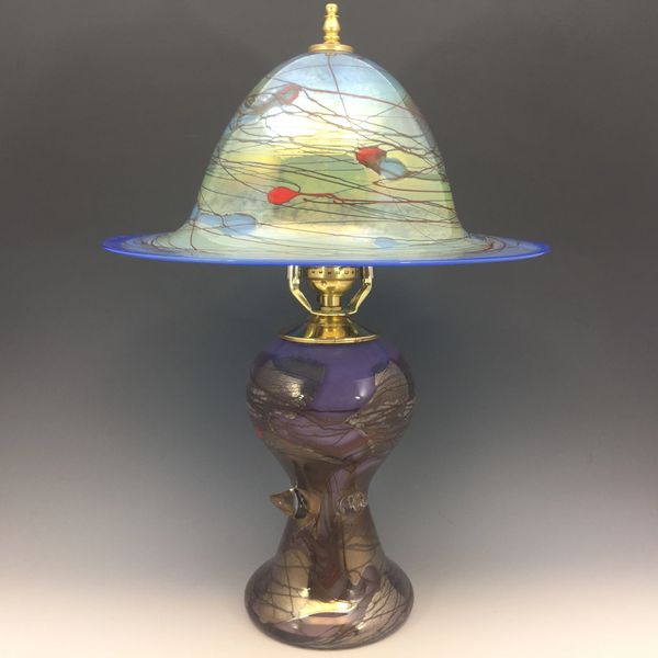 Purple Spiky Strata Table Lamp With Blue Shade