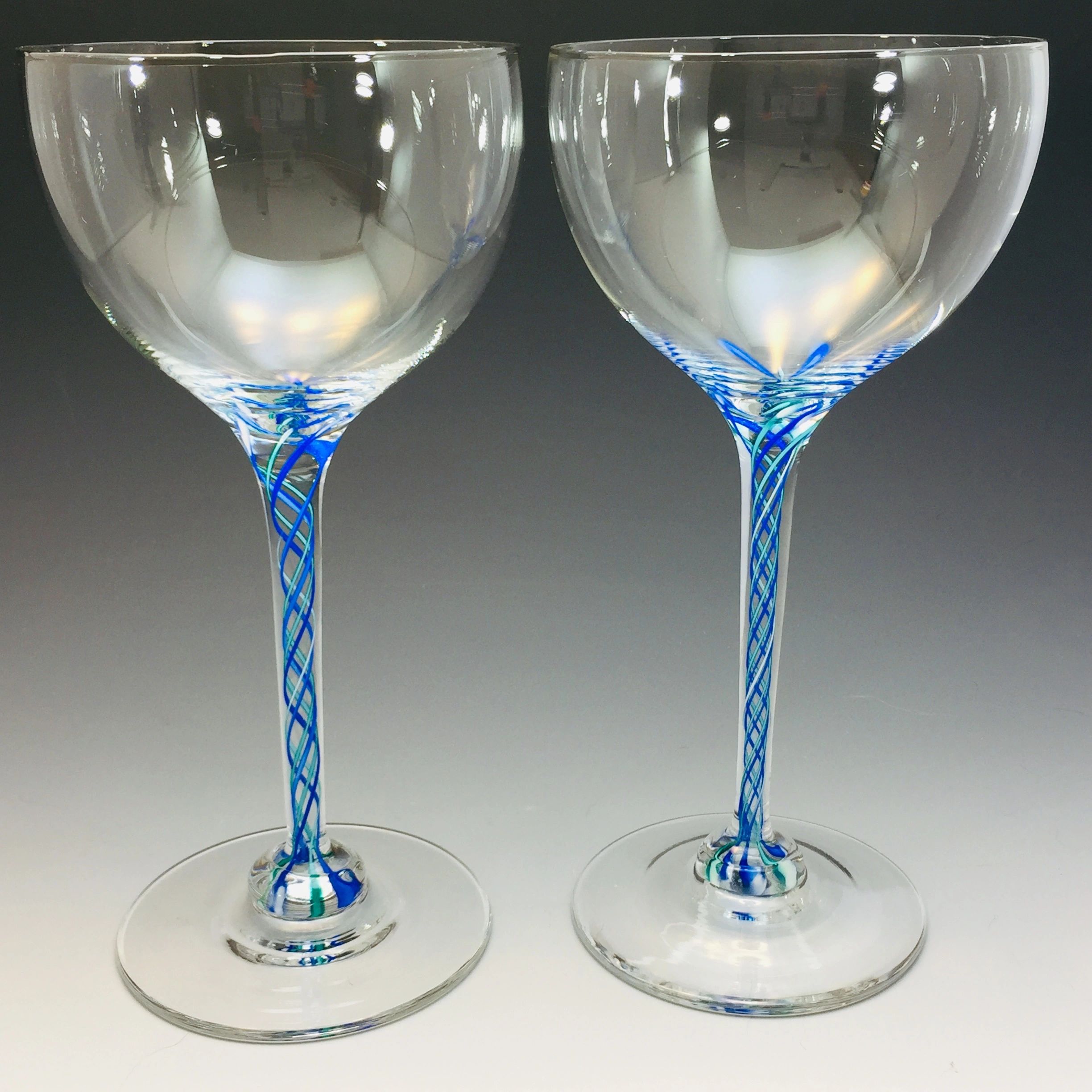 Blue latticino wine glasses hand blown by Alex Kalish