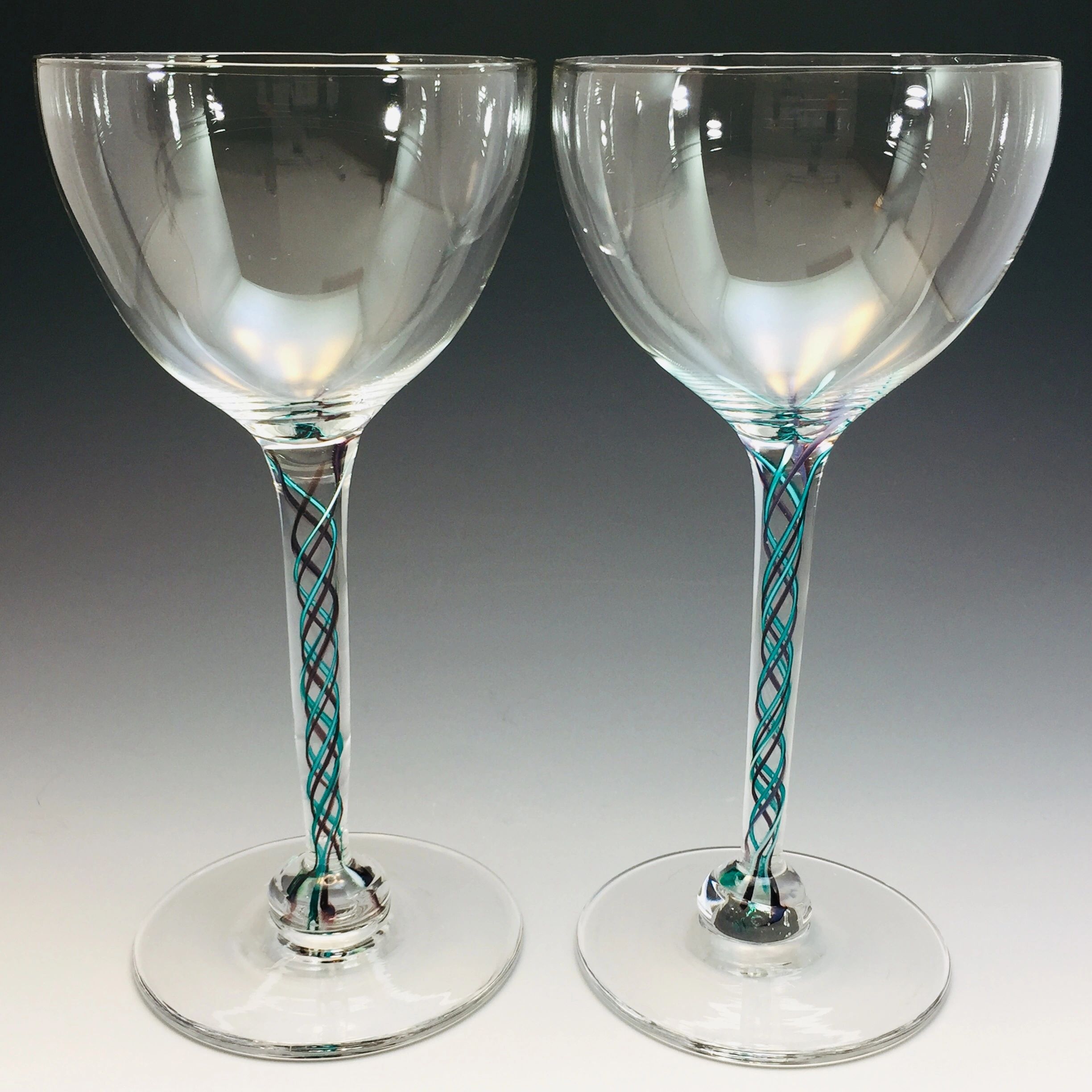 Purple latticino wine glasses hand blown by Alex Kalish