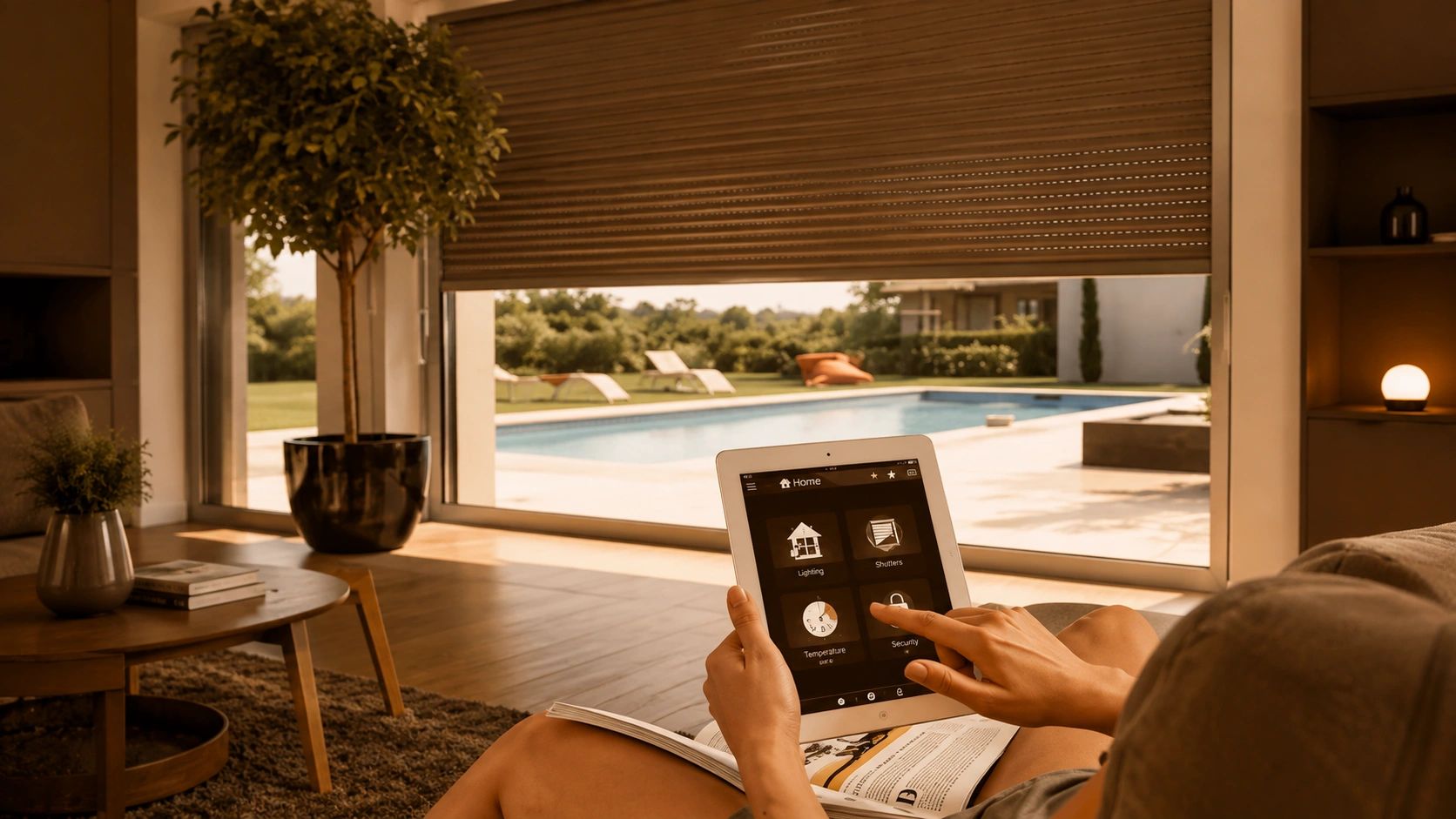 Person controlling smart home devices from a tablet by the pool.