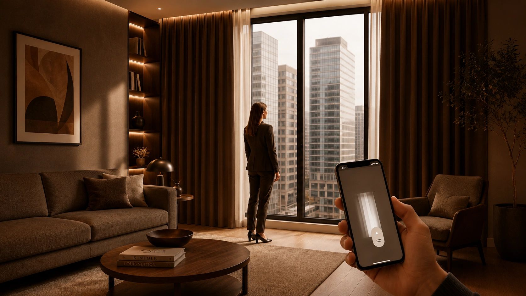 Woman overlooking cityscape in a modern living room with smartphone control.