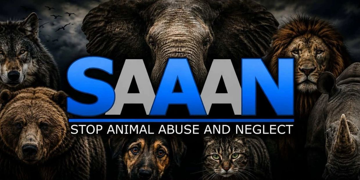 SAAN logo with various animals calling to stop abuse and neglect.