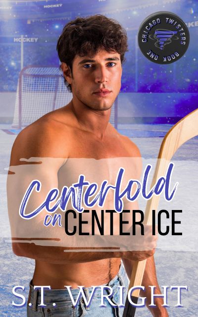 Shirtless hockey player holding a stick on ice rink.
