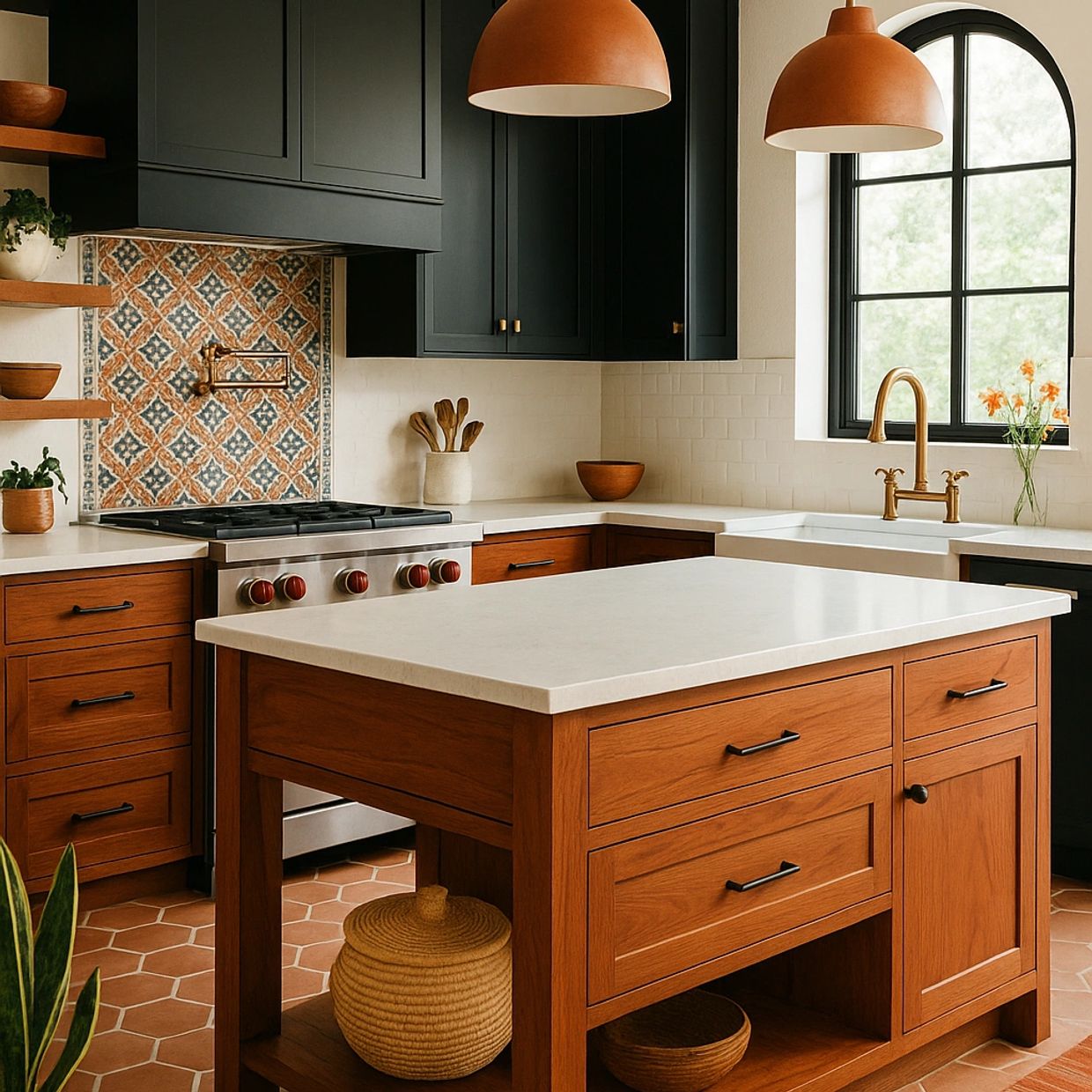 Warm kitchen with wood cabinets, black upper cupboards, and terracotta accents.