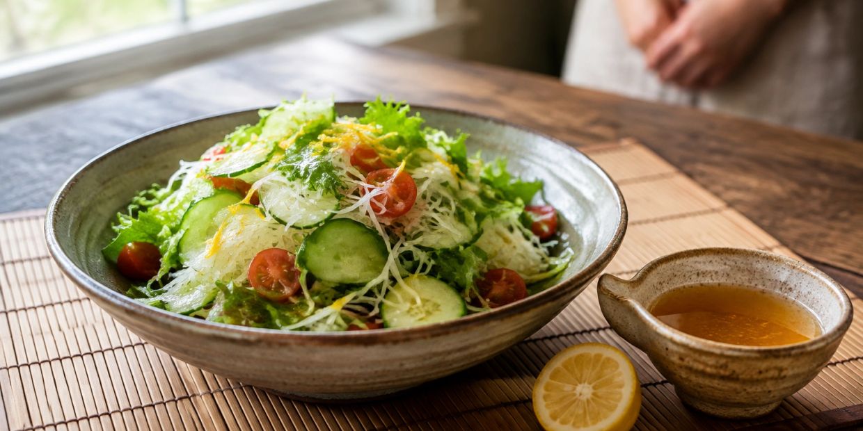 Fresh vegetable salad with dressing and lemon.