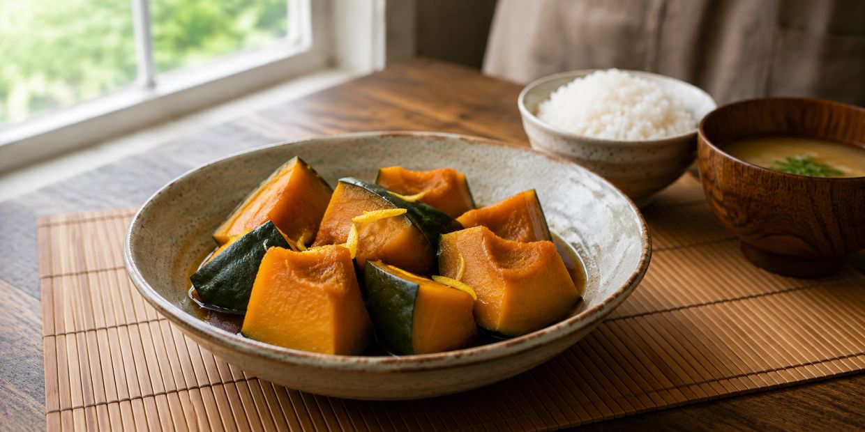 Cooked pumpkin pieces with rice and soup.