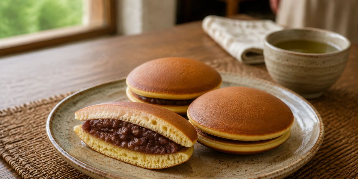 Three dorayaki pancakes on a ceramic plate, one cut open to show sweet red bean filling.