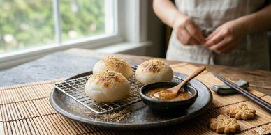 Freshly baked buns with sesame seeds on a cooling rack beside a bowl of sauce.