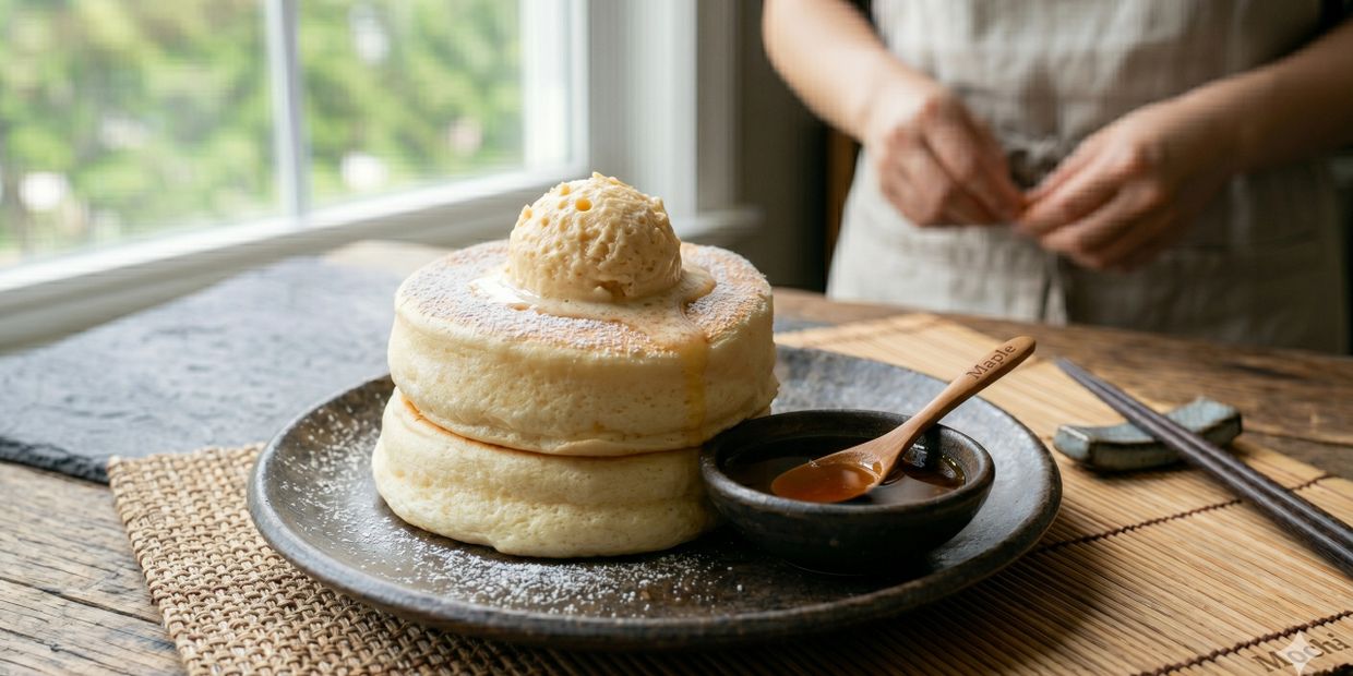 Fluffy pancakes topped with butter and syrup on a rustic plate.