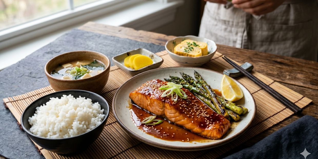 A Japanese meal with glazed salmon, rice, miso soup, and side dishes on a wooden table.