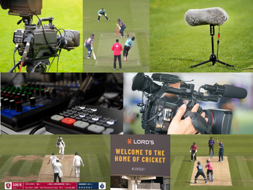 Collage showing cricket match, live streaming, broadcasting cameras, audio equipment, and Lord's cricket ground sign.