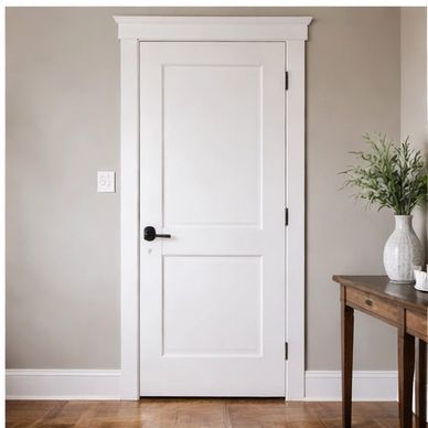 White interior door with black handle in a beige room.
