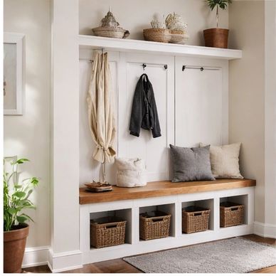 Cozy entryway bench with wooden seat, hooks, cushions, and woven baskets for storage.